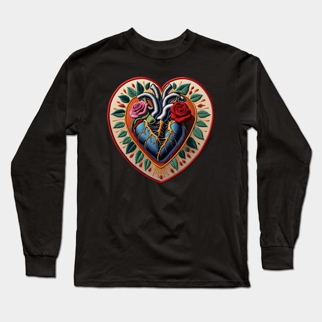 Bio Bursting Heart Embroidered Patch Long Sleeve T-Shirt by Xie